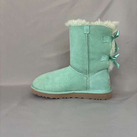 Women's UGG Boots Sz 7 Bailey Bow SFSP Aqua Suede Coquette Light Green Blue - Picture 10 of 16